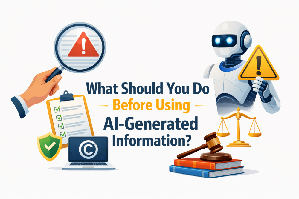 Minimalistic illustration showing a robot holding a warning sign and a magnifying glass over a caution symbol with the title “What Should You Do Before Using AI-Generated Information?” on a white background.