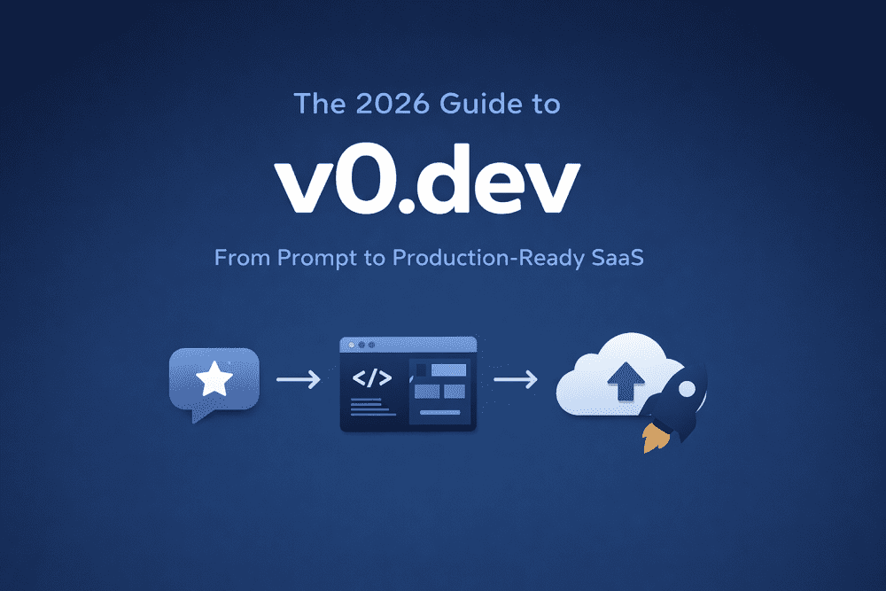 Minimalist cover image for v0.dev guide showing prompt-to-code-to-deployment workflow on a blue gradient background.