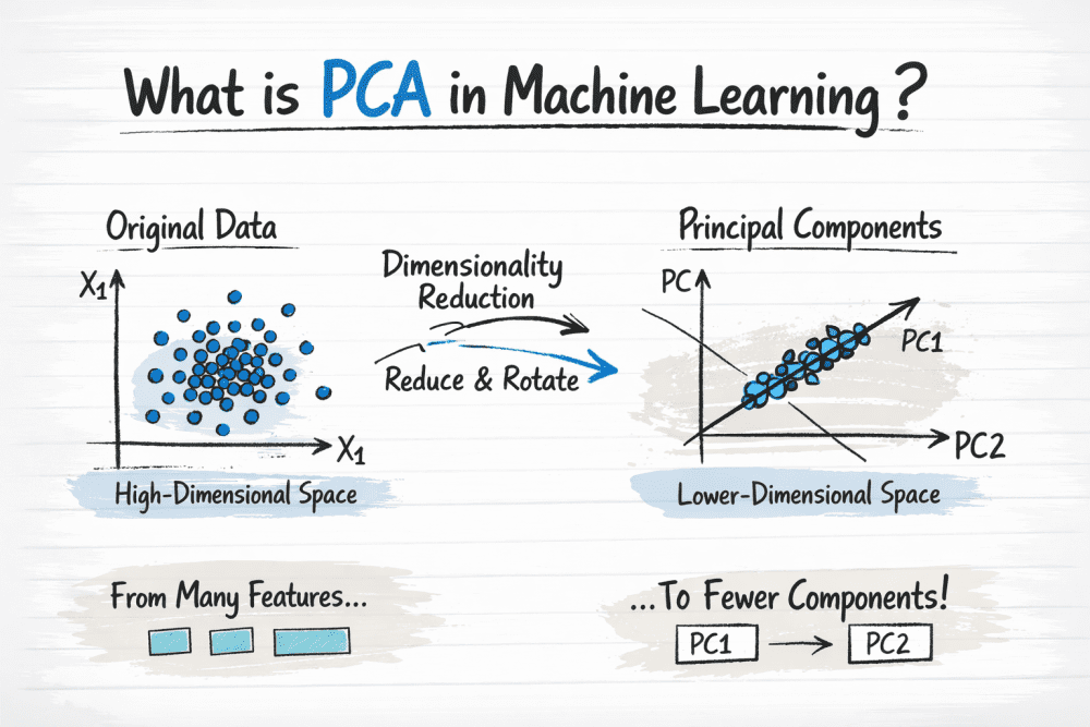 Simple notes-style illustration explaining what PCA is in machine learning using dimensionality reduction and principal components.