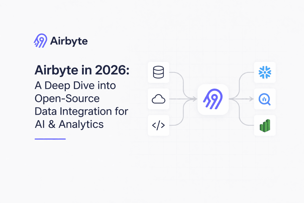 Airbyte 2026 blog cover showing a minimal data flow diagram between databases, cloud systems, APIs, and analytics platforms.