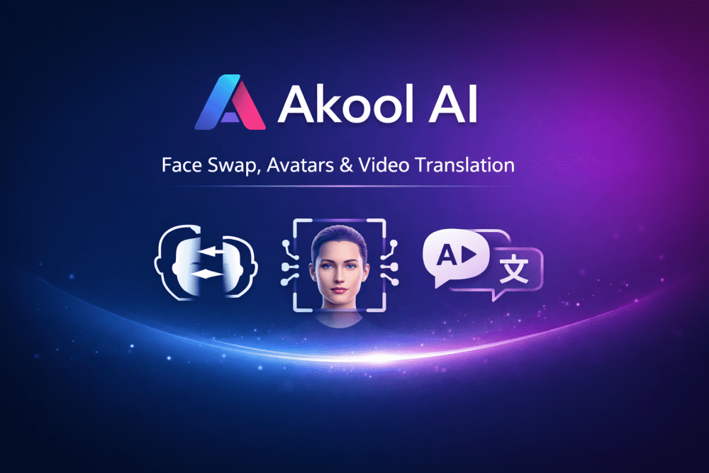 Akool AI video platform illustration showing AI face swap, realistic avatars, and video translation technology