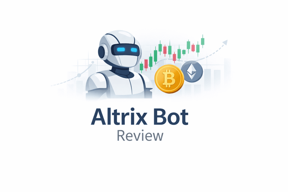 Altrix Bot AI crypto trading platform review cover image with robot, Bitcoin and Ethereum icons, and trading chart.