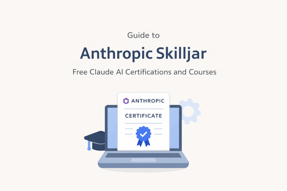 Anthropic Skilljar guide cover showing Claude AI certification courses on a minimalist laptop illustration