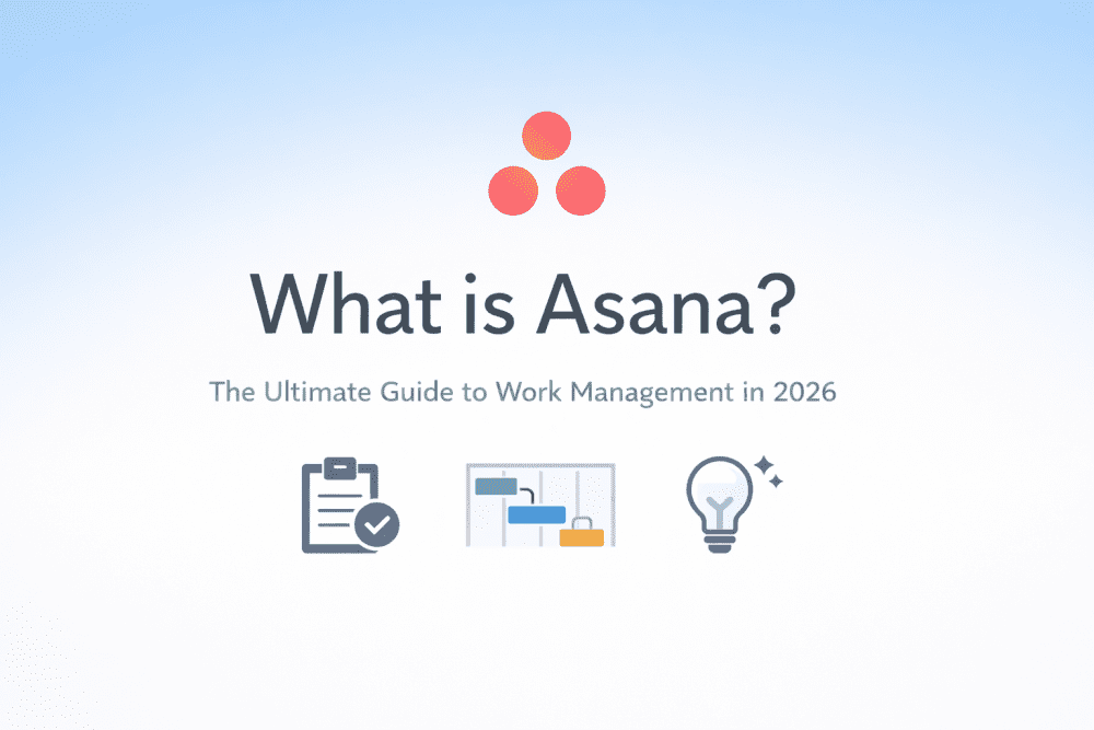 Minimalistic cover image showing the Asana logo with the title “What is Asana? The Ultimate Guide to Work Management in 2026”.