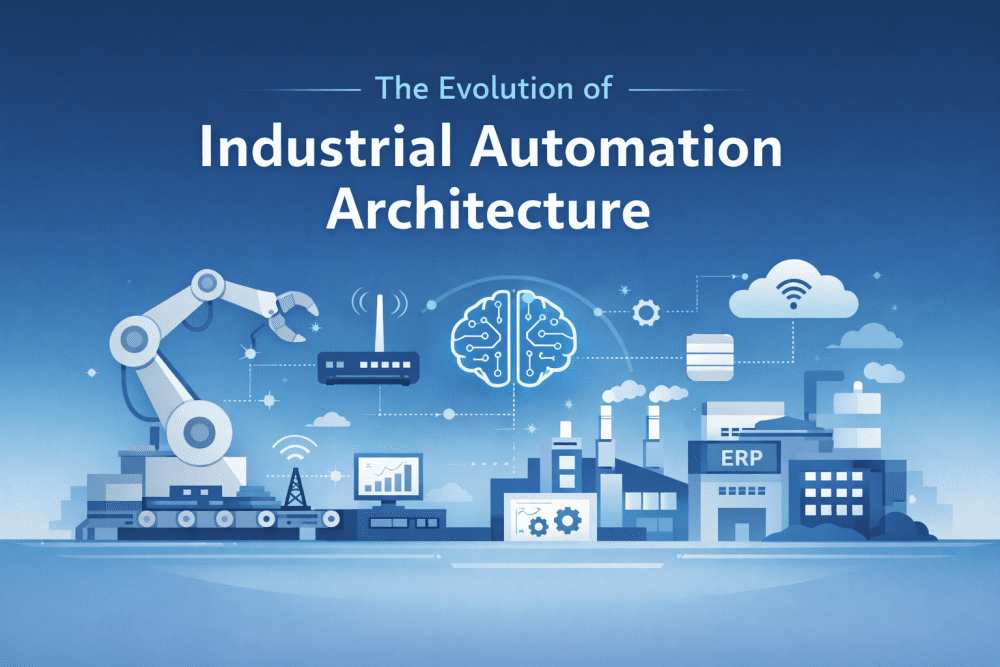 Minimalistic illustration of an industrial automation architecture showing a robotic arm, factory systems, AI brain, cloud network, and connected smart manufacturing infrastructure.
