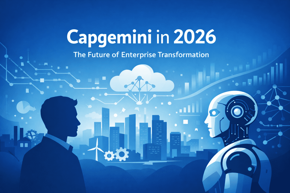 Minimal blue-toned illustration showing a business professional and AI robot facing each other with cloud, data, and city elements representing Capgemini’s enterprise transformation in 2026.