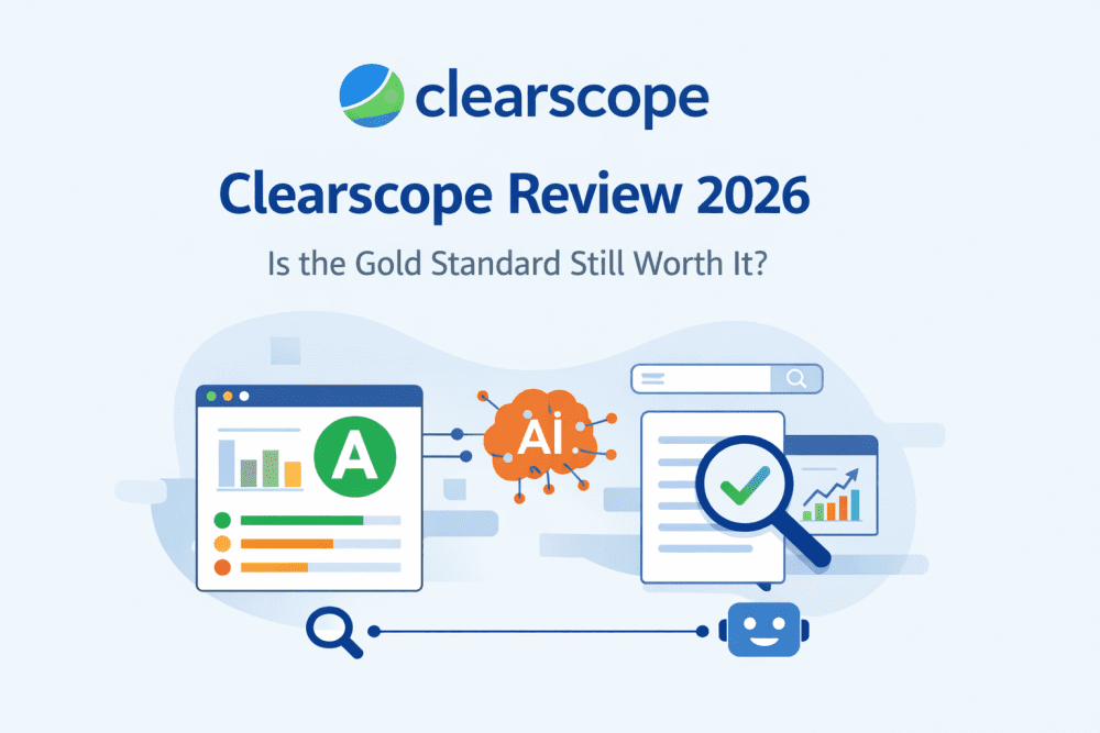 Clearscope Review 2026 cover image showing AI-powered SEO content optimization dashboard and semantic analysis concept