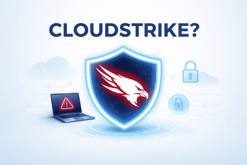 Minimal cybersecurity cover image with the text “CloudStrike?” above a blue shield containing a red falcon logo and simple security icons on a light background.