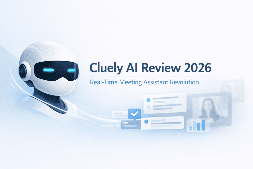 Cluely AI real-time meeting assistant interface with futuristic robot and live conversation overlay elements