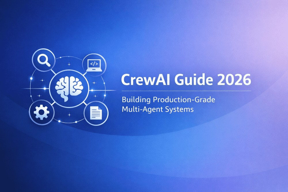 Minimalist cover image showing “CrewAI Guide 2026” with an AI brain and multi-agent workflow icons on a blue gradient background