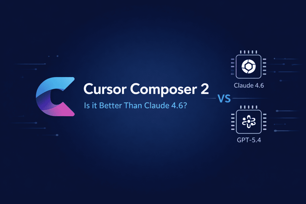 Cursor Composer 2 AI coding model comparison cover with Claude 4.6 and GPT-5.4 on dark blue background
