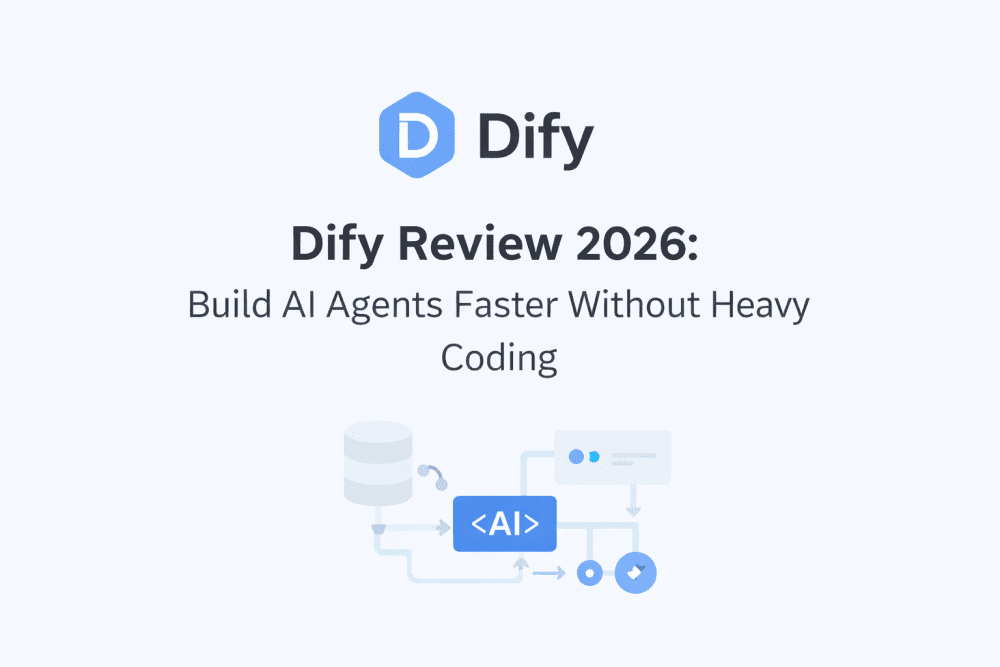 Minimalistic cover image showing Dify AI platform concept with workflow automation and AI agent illustration