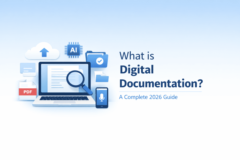 Minimalistic flat illustration showing a laptop with digital documents, cloud storage, AI chip, PDF file, and search icon representing digital documentation.