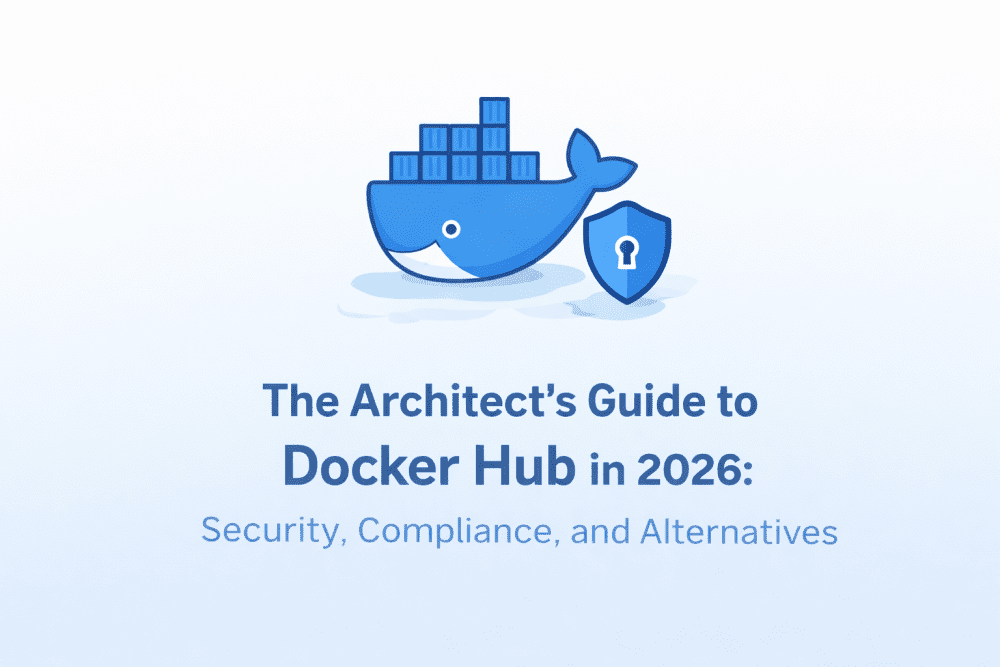Docker Hub container registry illustration with Docker whale, containers, and security shield representing secure container supply chain in 2026