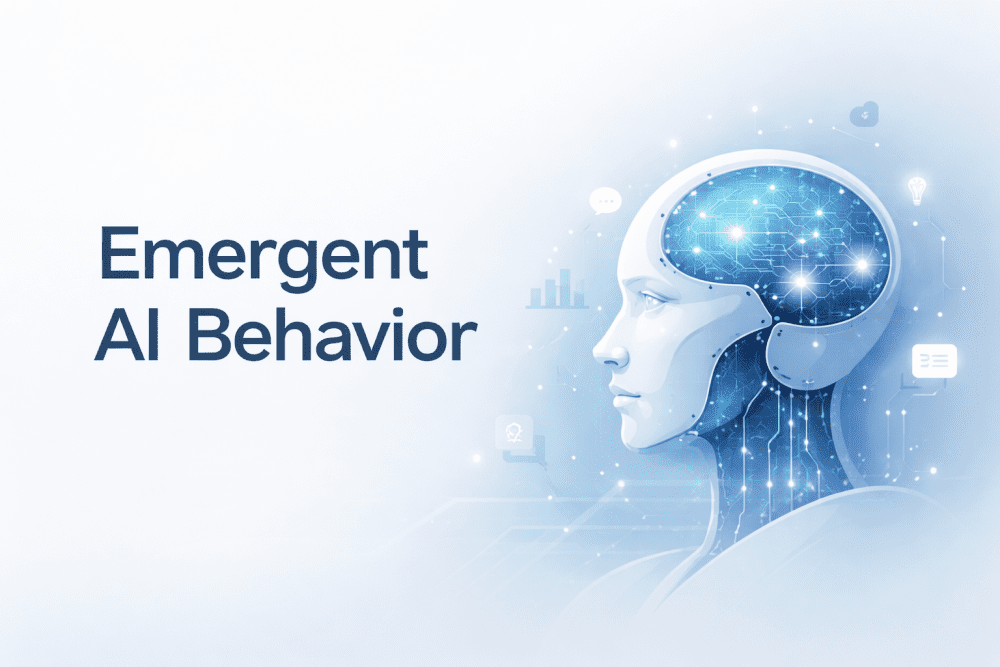 Minimalist cover image showing a futuristic AI humanoid profile with glowing neural circuits and the title “Emergent AI Behavior” on a soft blue gradient background.