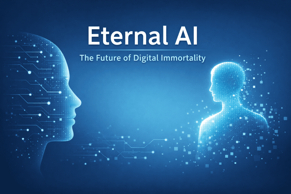 Minimalist Eternal AI cover showing human face transforming into a digital avatar representing AI-based digital immortality