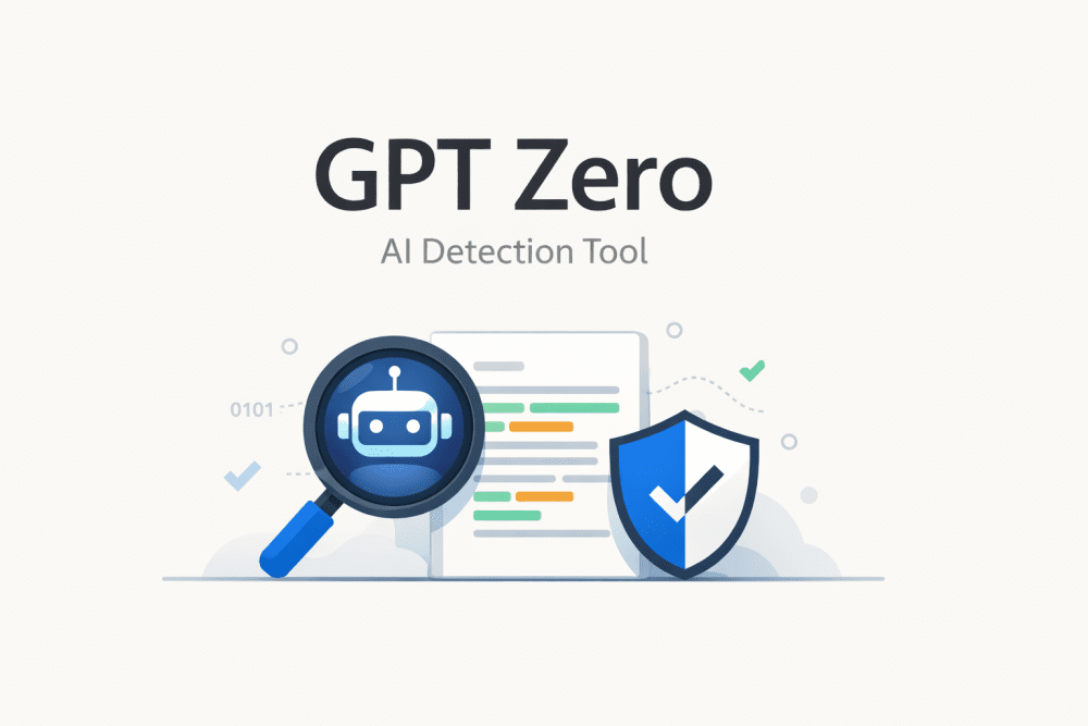 GPT Zero AI detector tool illustration showing AI content detection with document analysis and security shield.