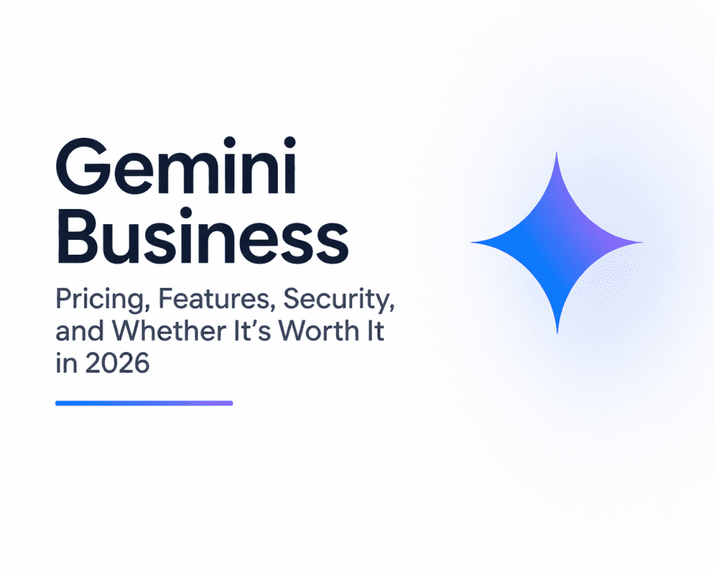 Minimal white-themed cover image for a Gemini Business blog featuring bold text on the left and a glowing blue-purple Gemini icon on the right.