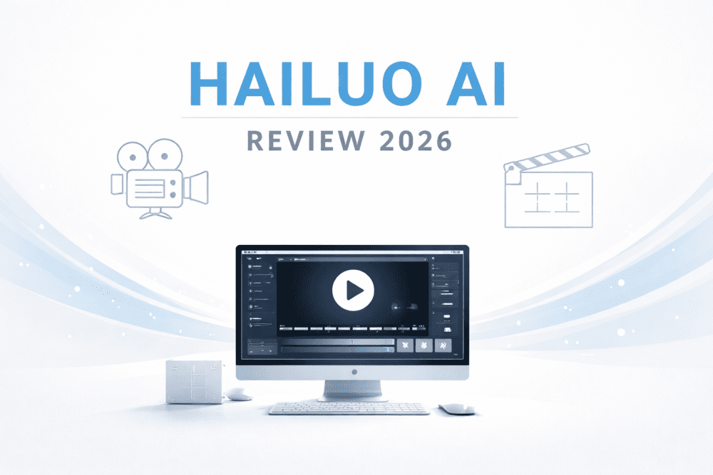 Minimal white-themed cover image for Hailuo AI Review 2026 featuring a clean AI video editing interface and simple film icons