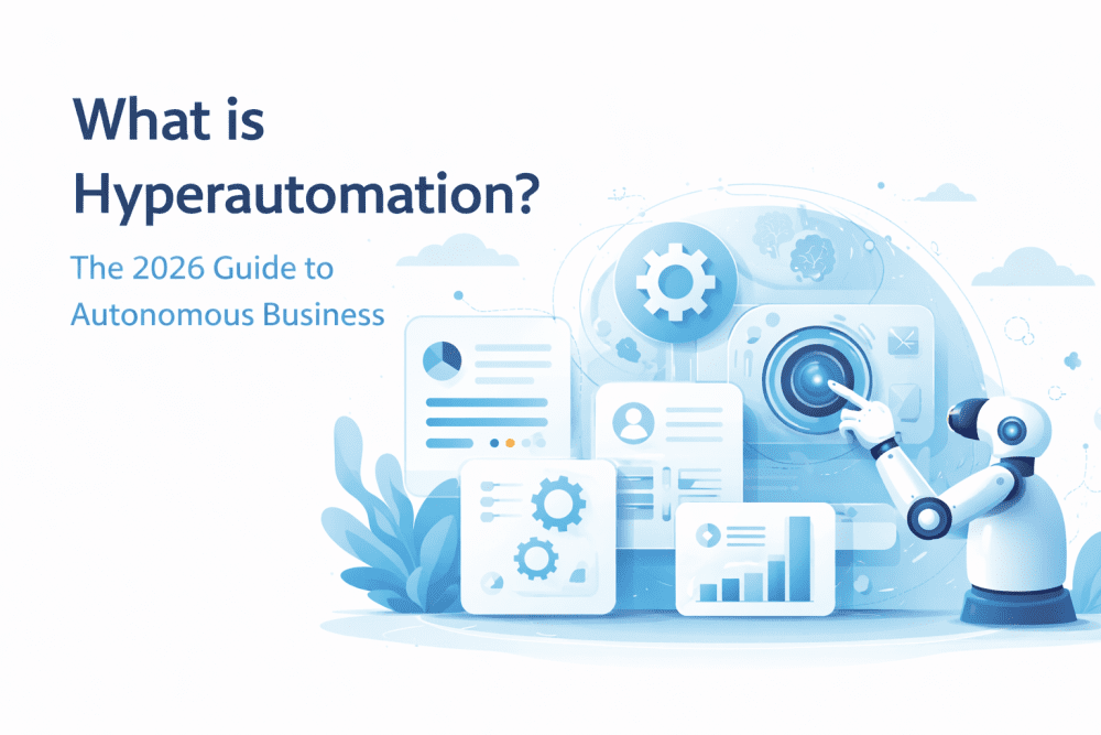 Hyperautomation concept illustration showing an AI robot interacting with digital dashboards and automation tools with the title “What is Hyperautomation? The 2026 Guide to Autonomous Business”.