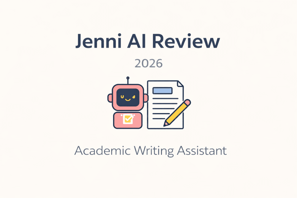 Jenni AI review 2026 cover image with minimal design showing an AI writing assistant, document, and pencil icon
