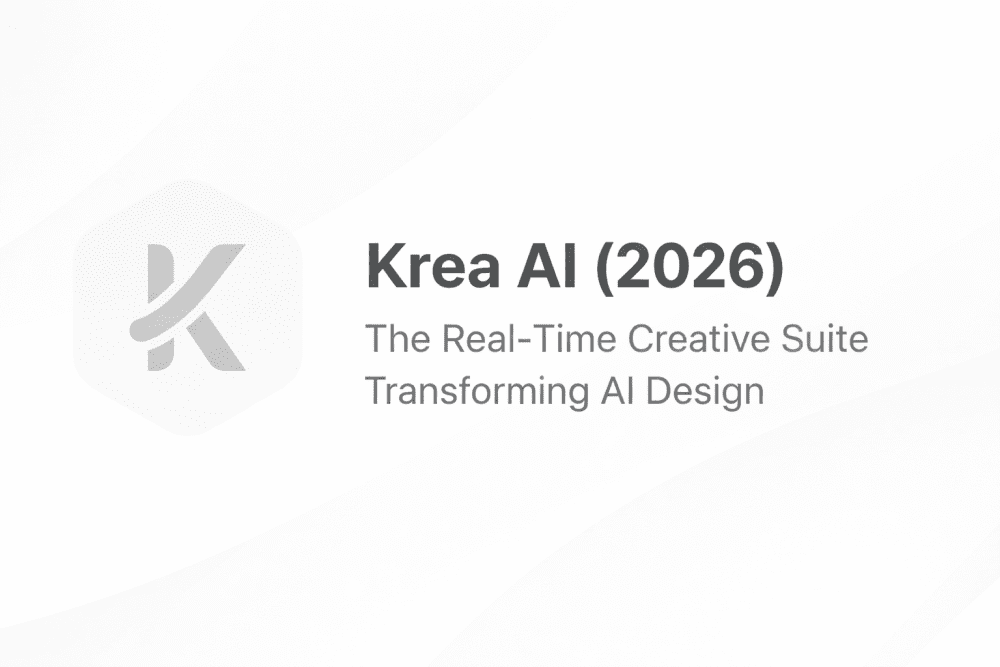 Minimalist white-themed cover image for Krea AI 2026 featuring clean typography and a modern AI creative suite concept