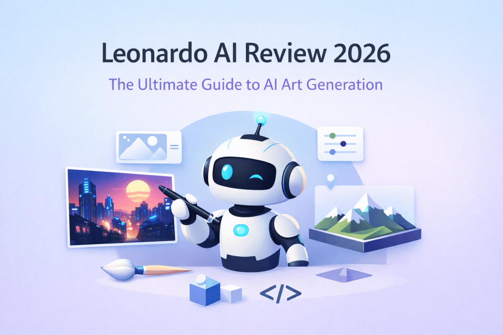 Leonardo AI review 2026 cover image showing a futuristic AI robot generating digital artwork and images.