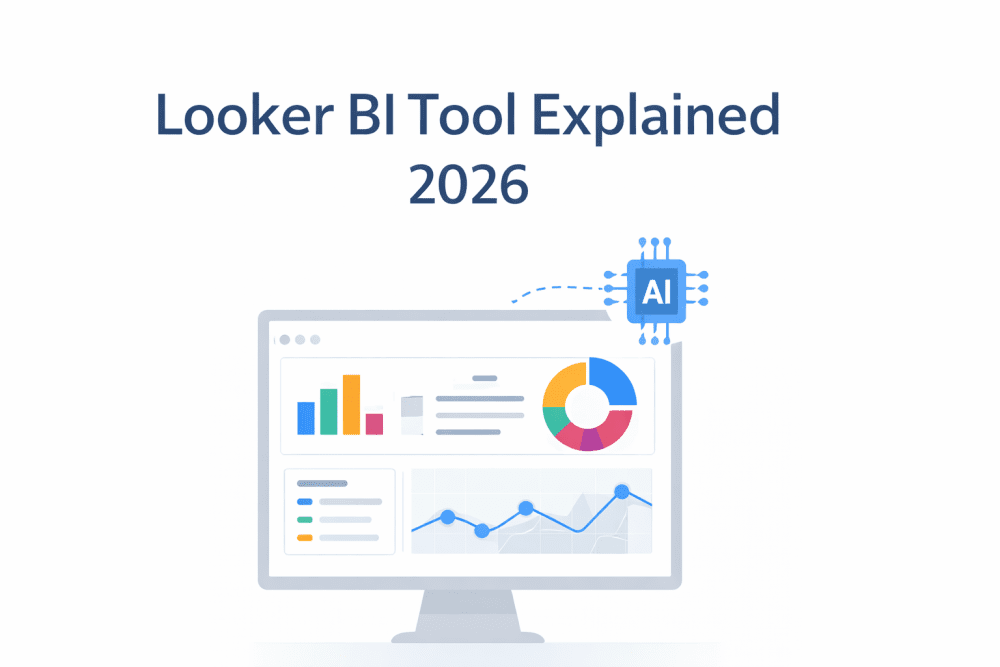 Looker BI tool dashboard illustration showing data analytics charts and AI-powered business intelligence
