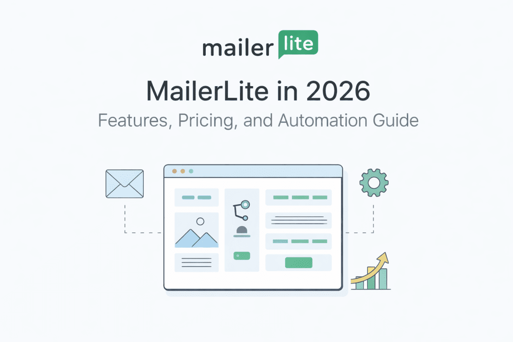 Minimalist MailerLite cover image showing an email marketing dashboard with automation, analytics, and growth icons for 2026.