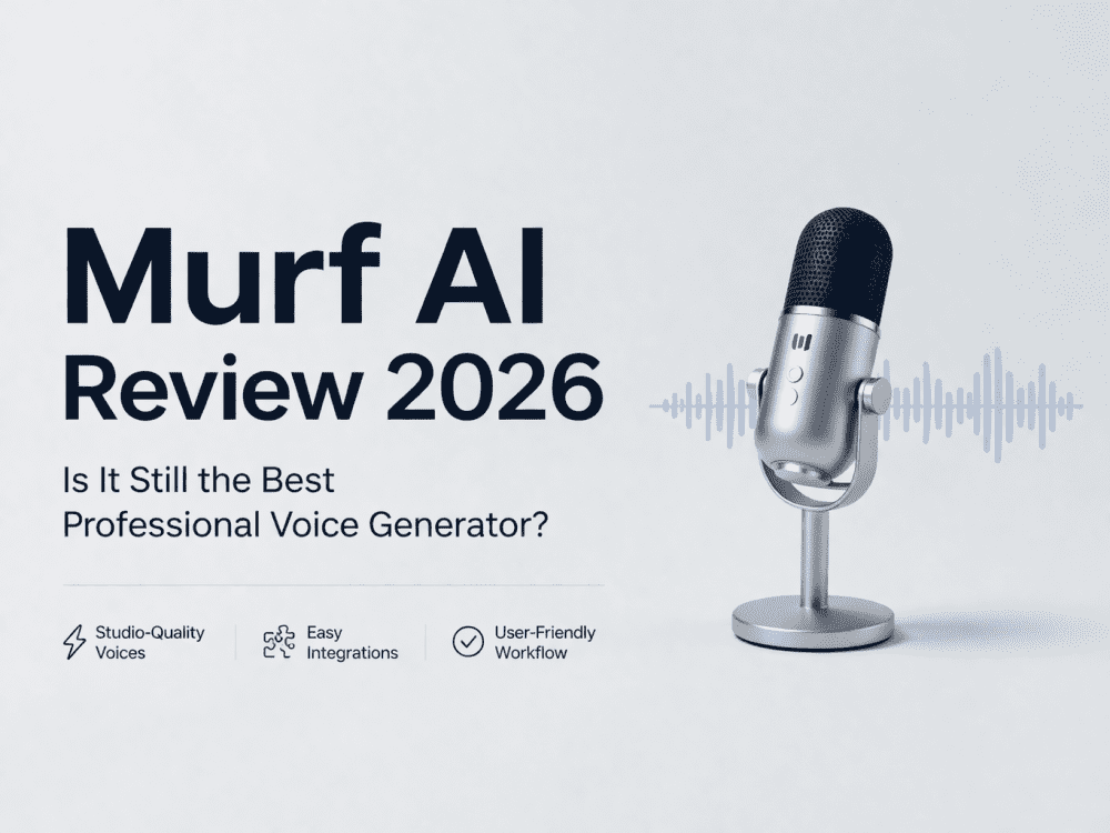 Minimalistic Murf AI Review 2026 cover image with microphone illustration and clean white background
