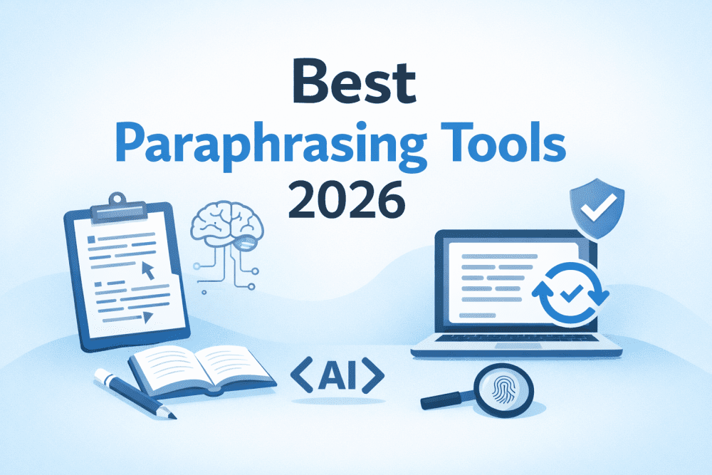 Minimalistic cover image showing the text “Best Paraphrasing Tools 2026” with AI, document editing, laptop, and rewriting icons on a light blue background.
