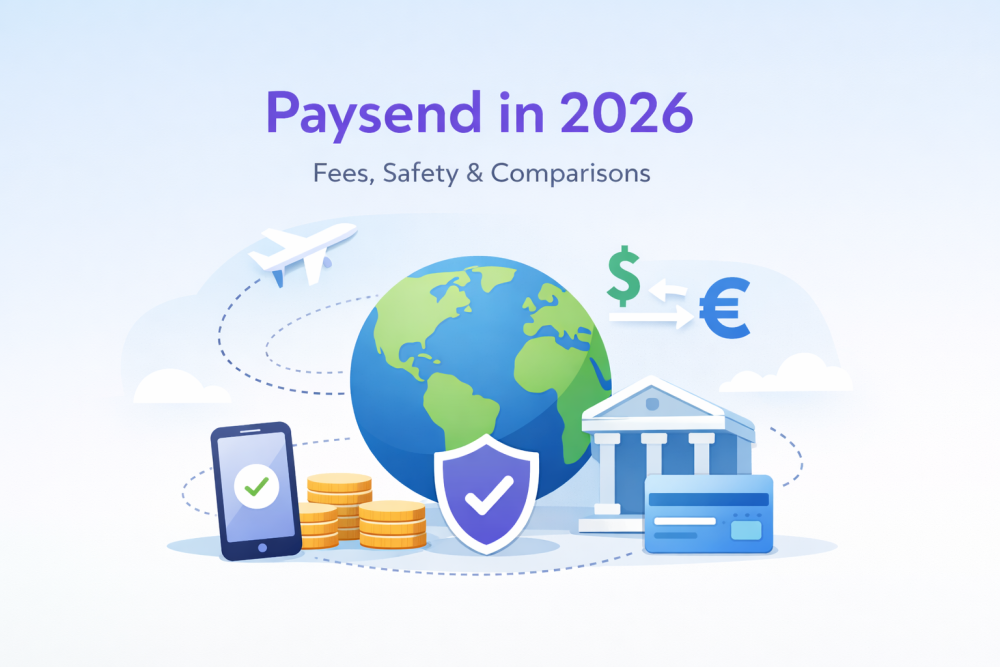 Minimalist illustration showing global money transfer with globe, airplane, bank card, smartphone, coins, and security shield for Paysend in 2026.