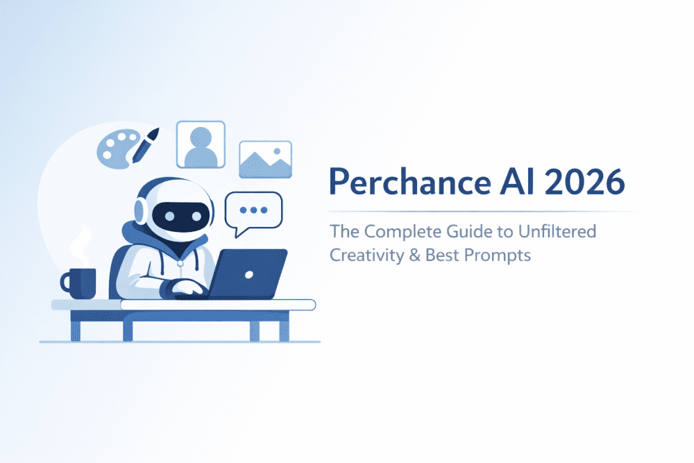 Minimalistic illustration of a robot using a laptop representing Perchance AI for creative content generation
