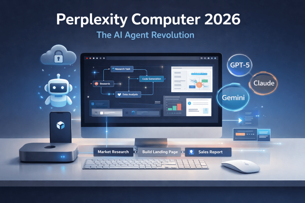 Perplexity Computer 2026 AI agent workflow dashboard with Mac Mini setup and multi-model orchestration