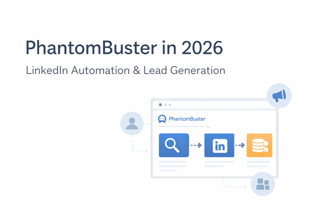 PhantomBuster LinkedIn automation workflow dashboard illustration showing lead generation and CRM integration