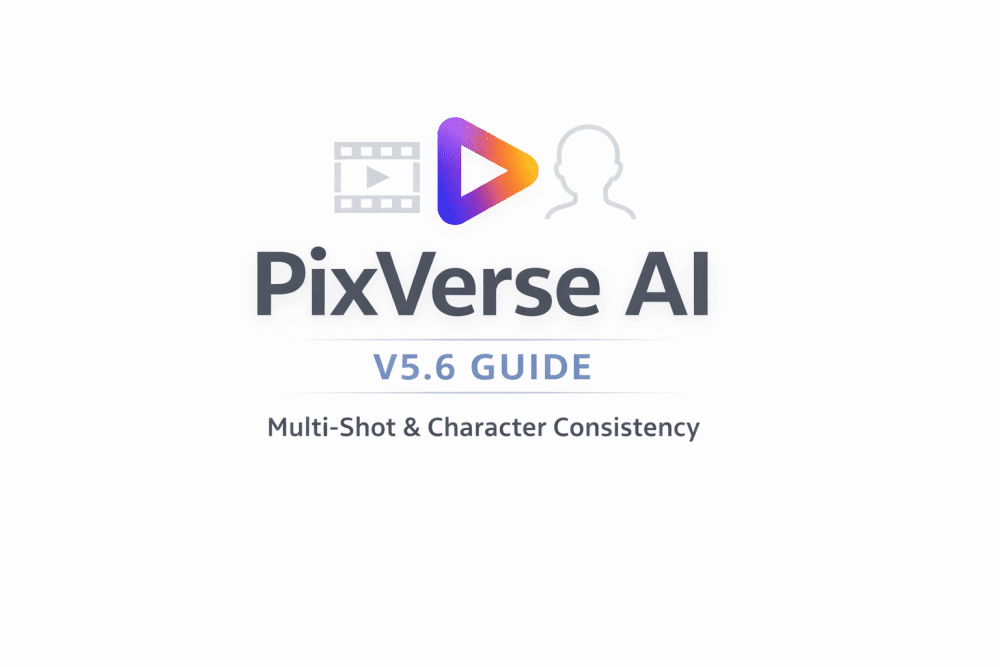 PixVerse AI V5.6 guide minimal white cover showing multi-shot video creation and character consistency icons