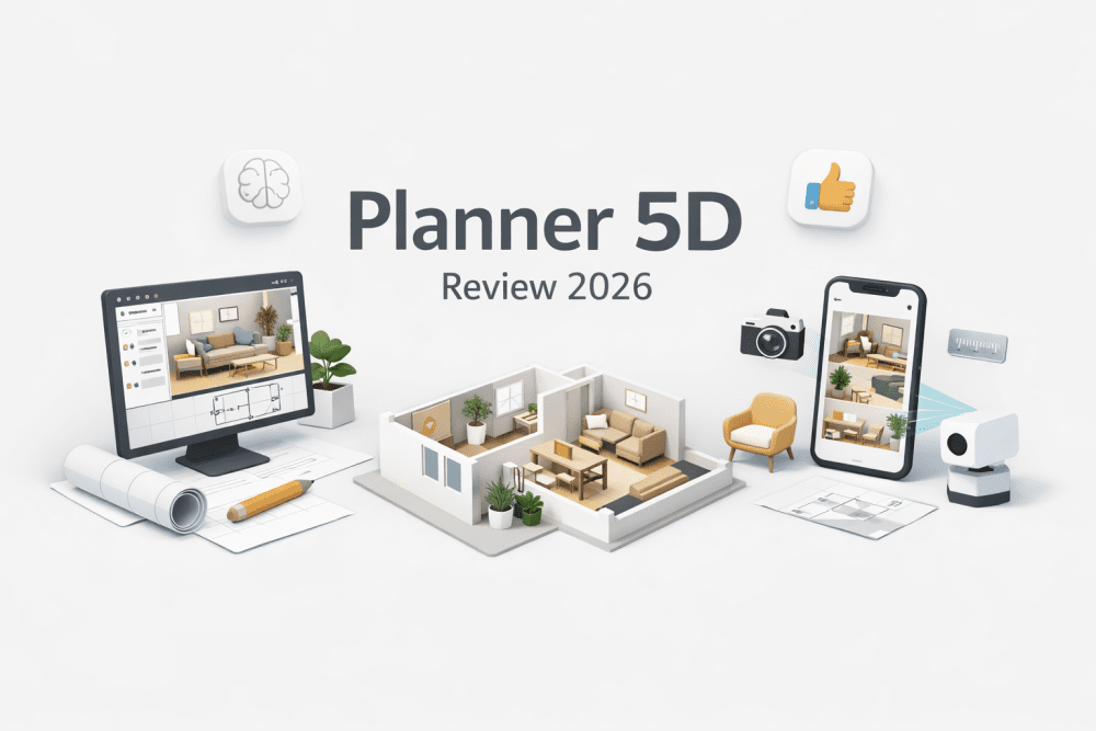 Planner 5D 2026 review cover showing 3D home design interface on desktop and mobile with modern interior layout