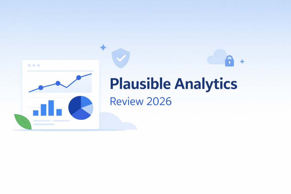 Minimalist Plausible Analytics dashboard illustration with charts and privacy-first design elements for 2026 review