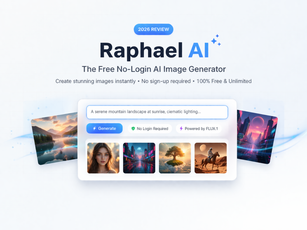 Minimal white-themed AI image generator interface showing Raphael AI creating high-quality digital artwork instantly without login