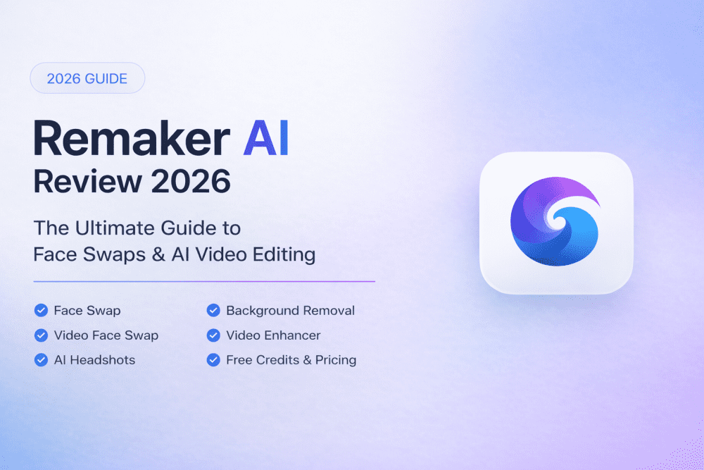 Remaker AI Review 2026 cover image with a clean gradient background, face swap features list, and modern AI logo in landscape format.
