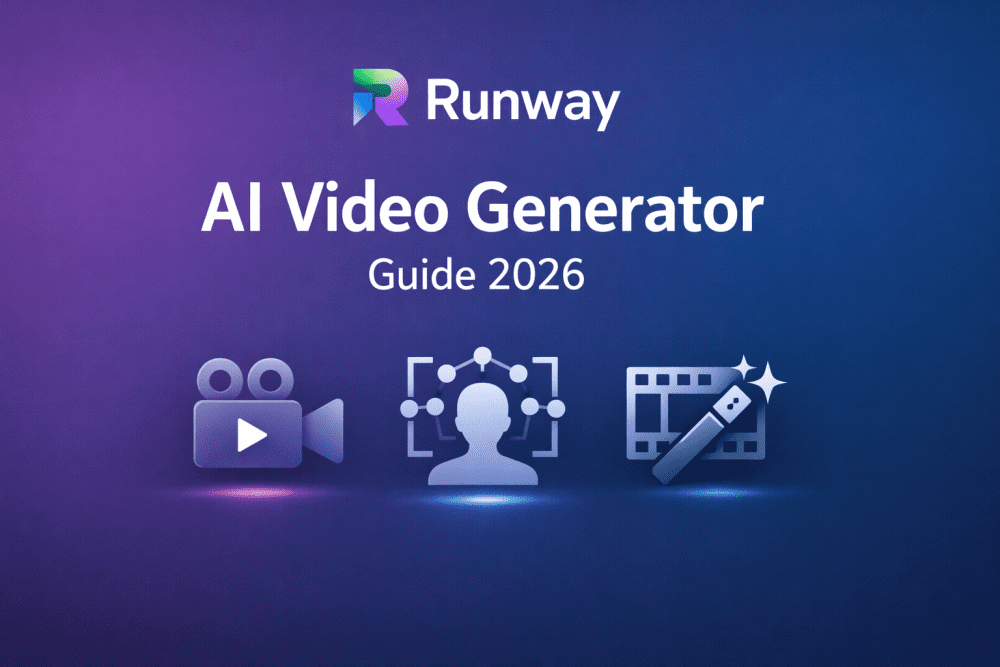 Minimalistic Runway ML AI video generator guide 2026 cover with gradient background and video creation icons
