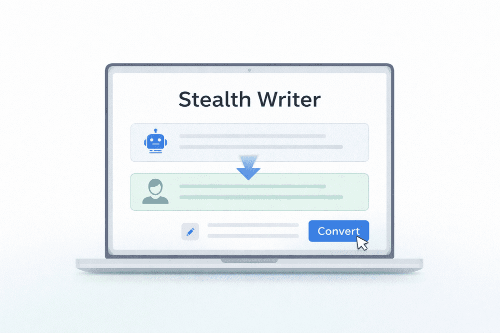 Stealth Writer AI tool converting AI-generated text into human-like content on a laptop screen