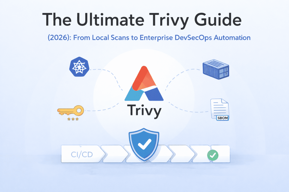 Minimalistic Trivy DevSecOps security scanner illustration showing CI/CD pipeline, container scanning, secrets detection, and SBOM generation.