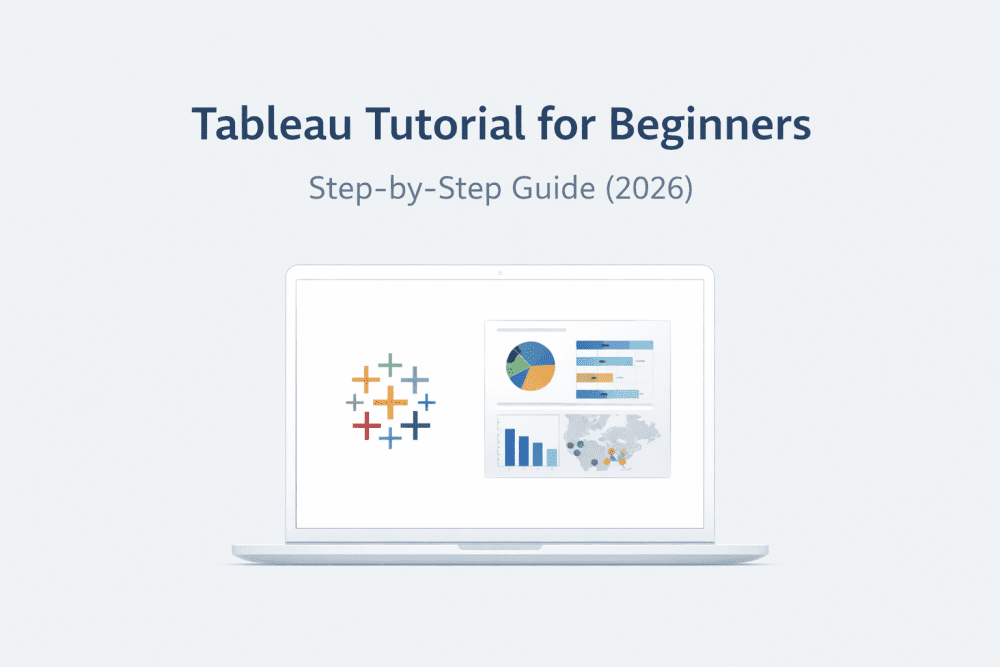 Minimalist cover image showing a laptop with Tableau dashboard charts for a beginner Tableau tutorial guide.