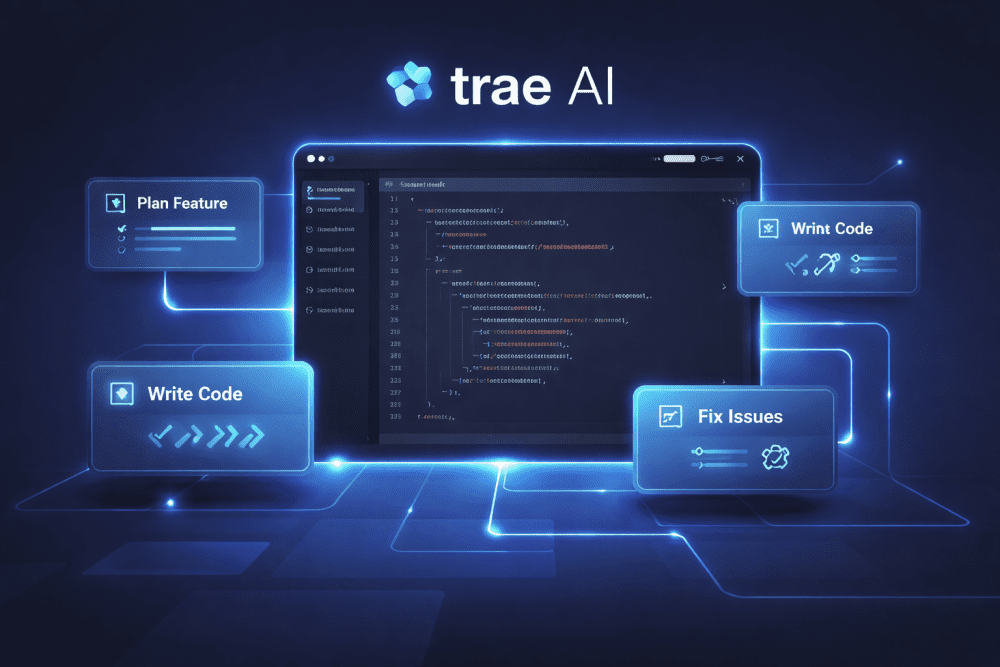 Trae AI IDE interface with agent-based coding workflow and automated task execution