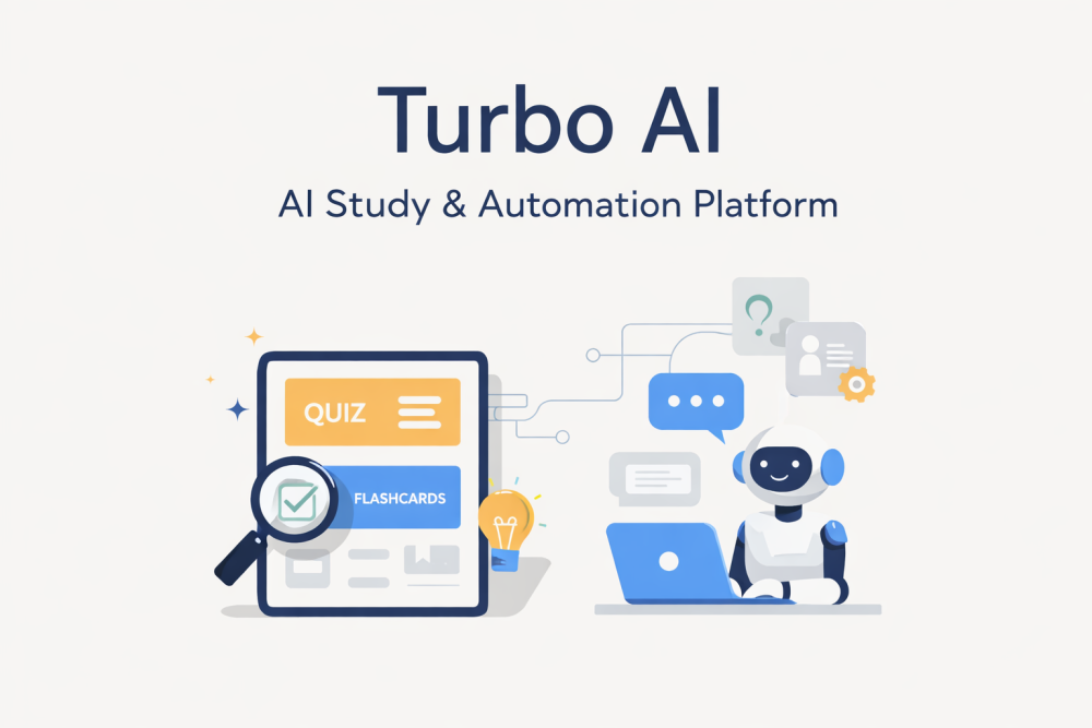 Turbo AI platform illustration showing AI study tools, flashcards, quizzes, and automation assistant