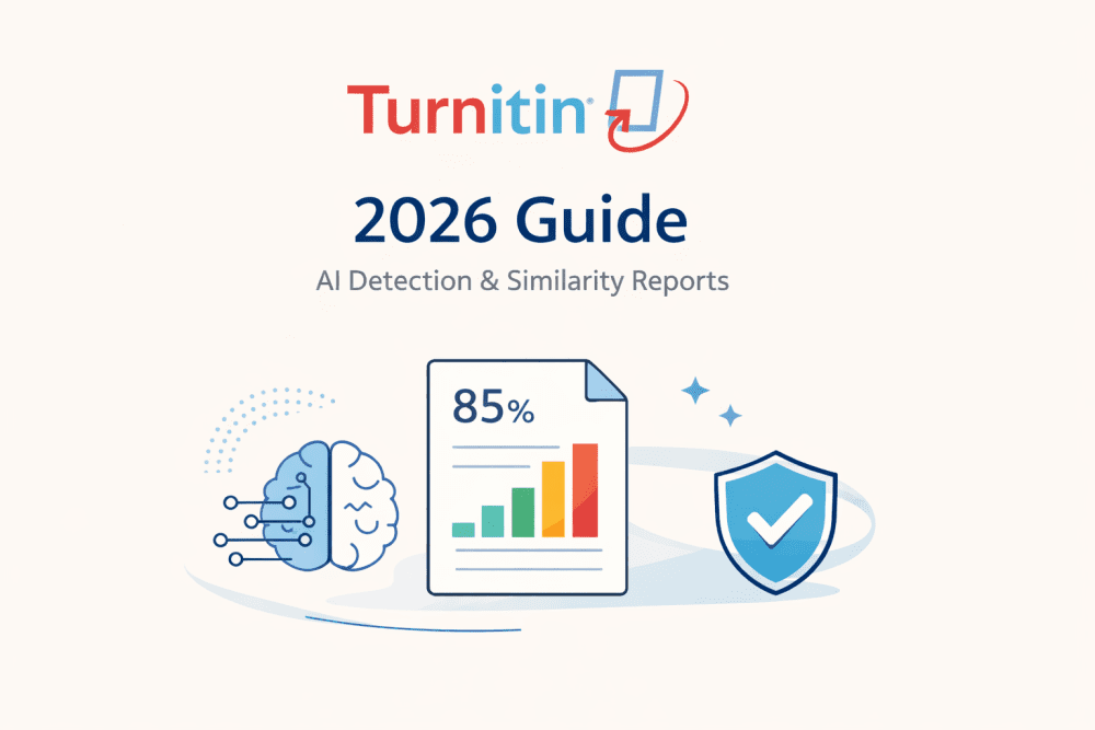 Turnitin 2026 guide cover image showing AI detection, similarity report analytics, and academic integrity verification icons.