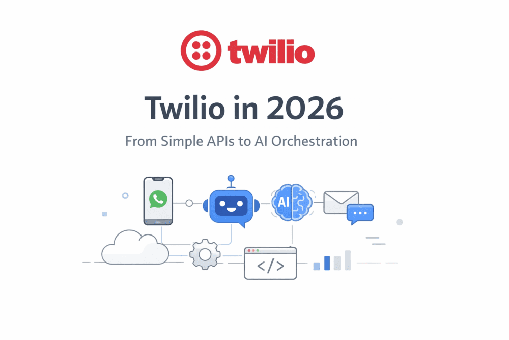 Minimalist illustration of Twilio platform showing AI chatbot, WhatsApp messaging, and API-based communication workflow on a white background