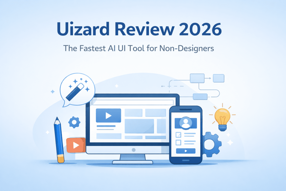 Uizard Review 2026 cover image showing a minimal AI UI design workspace with a desktop screen, smartphone, and design icons.