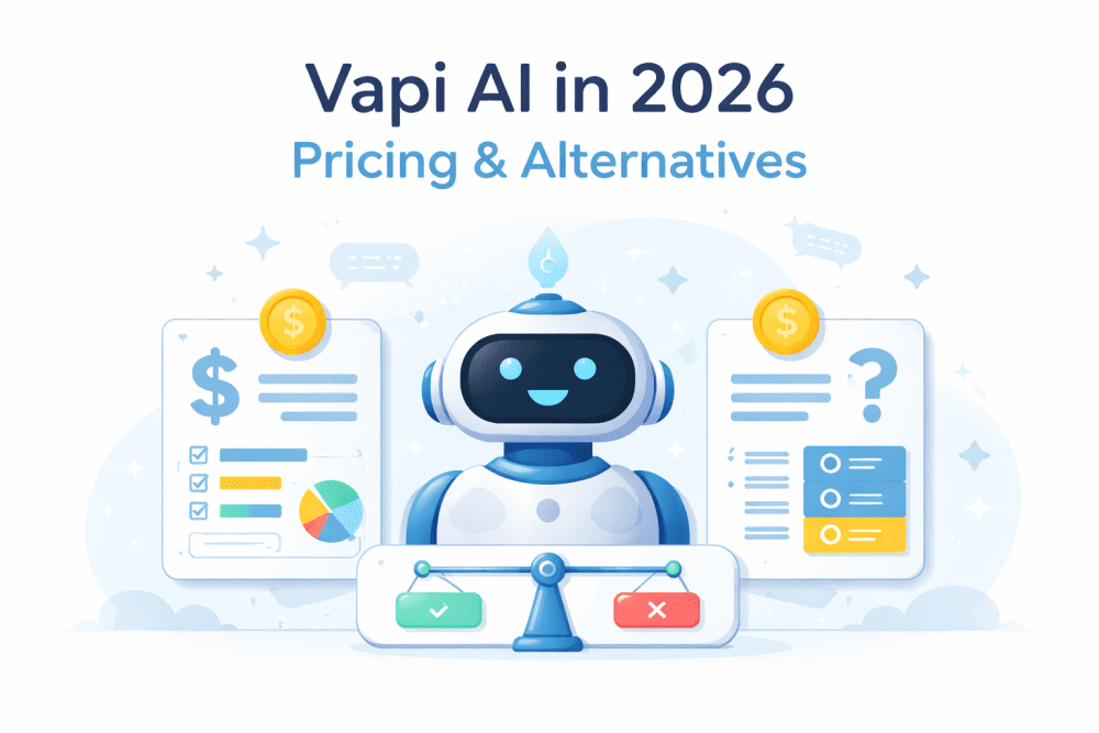 Alt Text: Minimalistic illustration of a smiling AI robot surrounded by pricing charts, comparison cards, and dollar symbols representing Vapi AI pricing and alternatives in 2026.